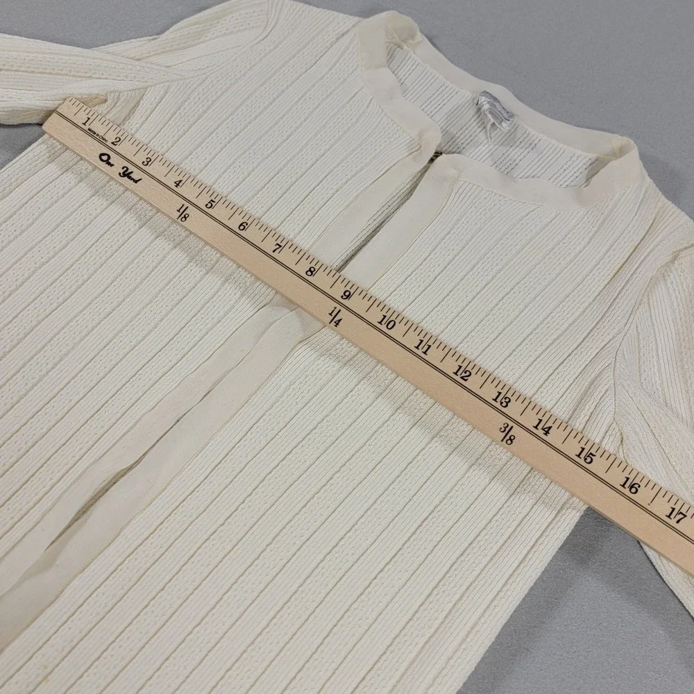 Vintage Chanel Ribbed Cardigan 06P Lagerfeld CC Logo Ivory Silk Trim Women XS 42